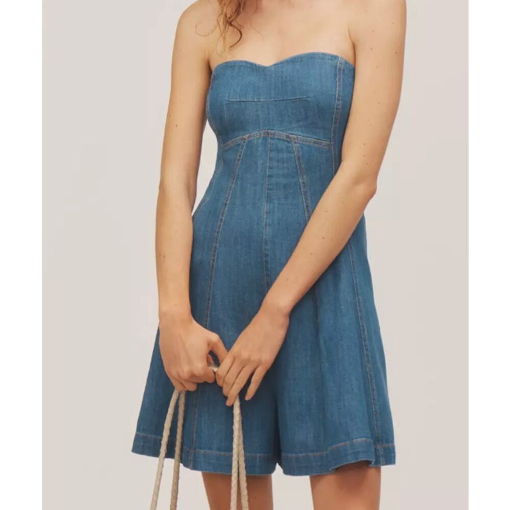 Anthropologie Pilcro Strapless Sweetheart Denim Romper | Sz 8, Blue NEW $168
